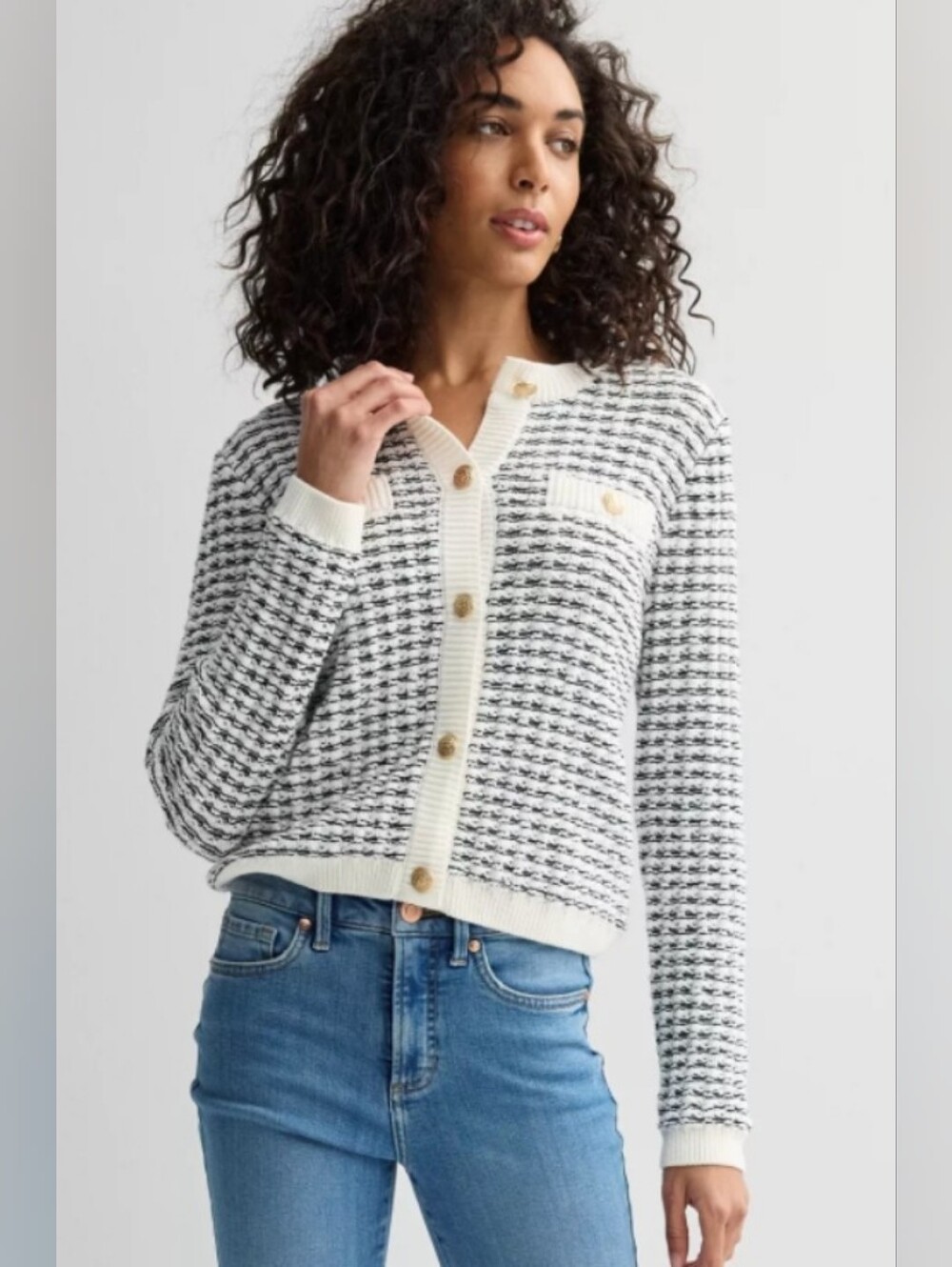 Industry Women's Navy & White Gold Button Front Sweater Sz XL